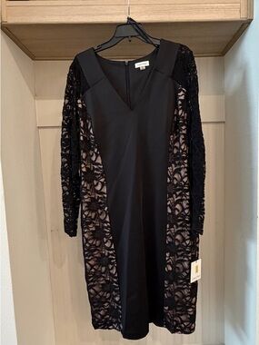 Calvin Klein Black V-Neck Lace Panel Midi Dress